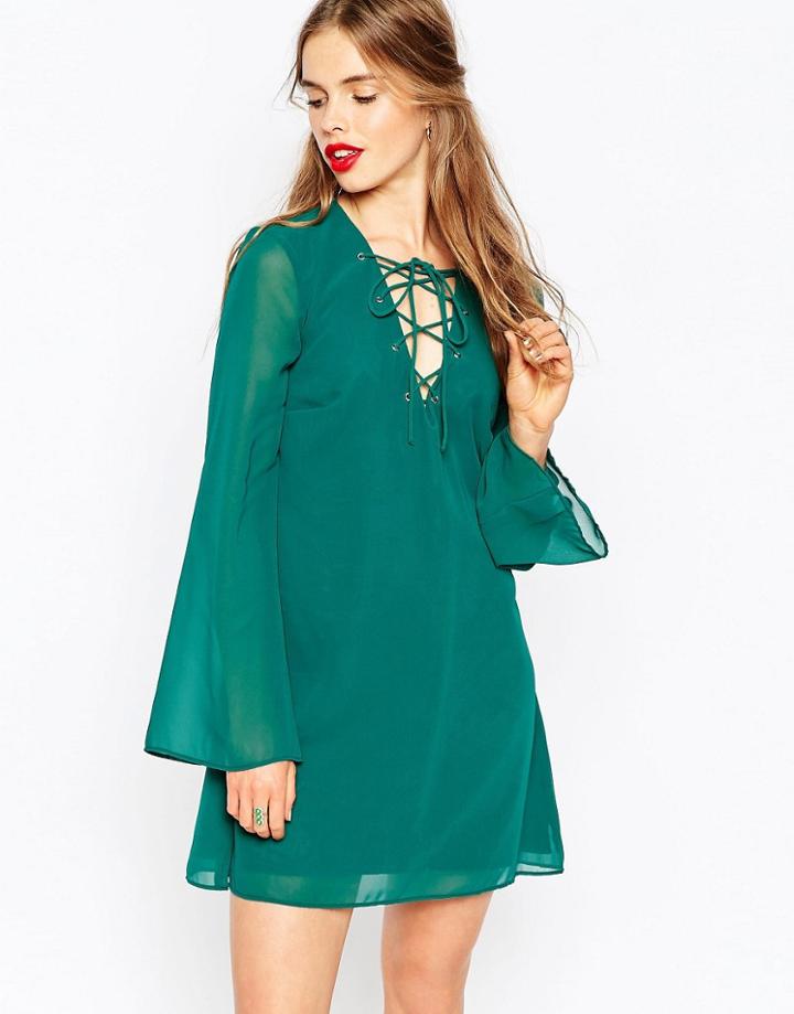 Asos Swing Dress With Lace Up Detail - Green