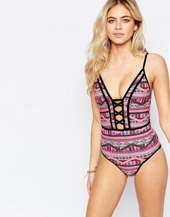 New Look Plunge Lace Up Geo-tribal Swimsuit - Red