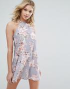 Oh My Love Halterneck Swing Dress In Floral Print - Gray