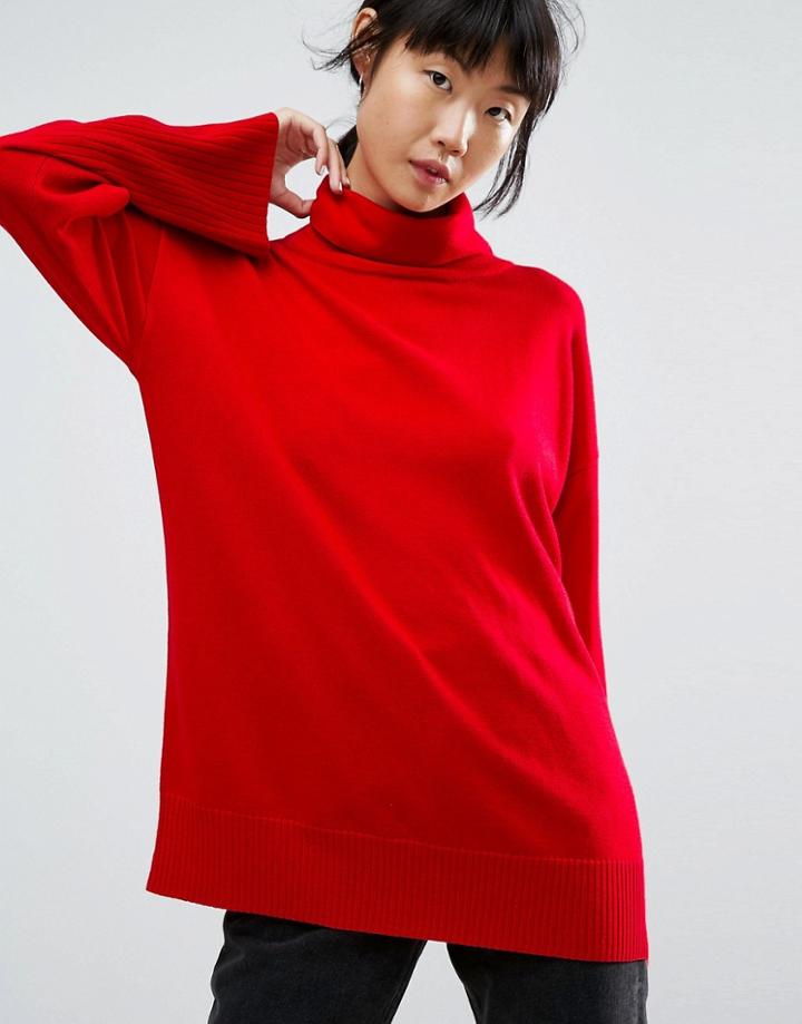 Asos Oversized Sweater With Wide Sleeves And Roll Neck - Red