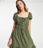 Asos Design Tall Tie Front Short Sleeve Mini Tea Dress In Khaki-green