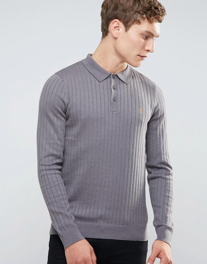 Farah Slim Long Sleeve Rib Knit Polo In Gray - Gray