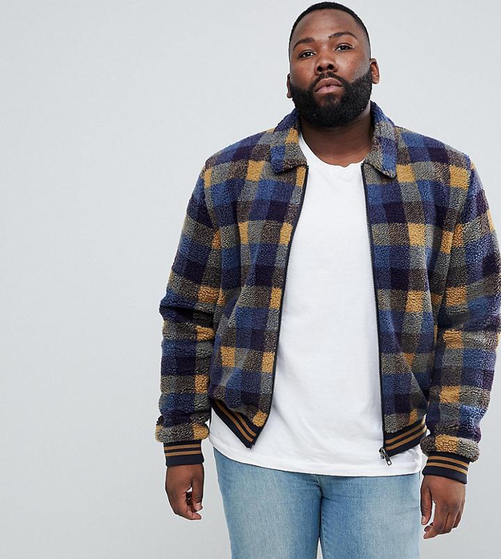 Asos Plus Borg Bomber Jacket In Blue Check - Blue