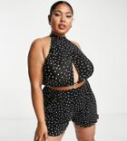 Asos Design Curve Plisse Halter Cut Out Romper With Belt In Spot Print-multi