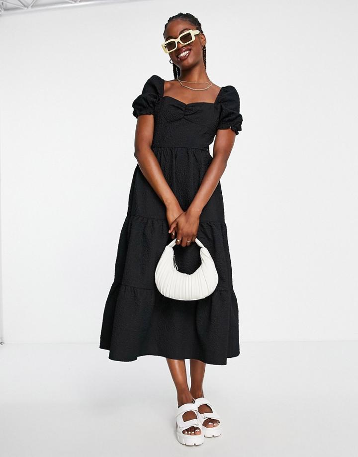 The Frolic Milkmaid Maxi Smock Dress In Textured Black