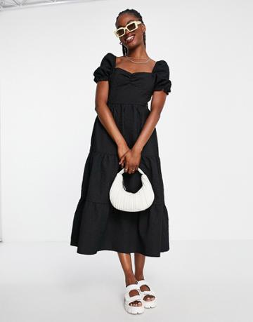 The Frolic Milkmaid Maxi Smock Dress In Textured Black