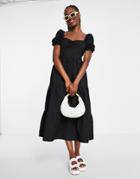 The Frolic Milkmaid Maxi Smock Dress In Textured Black