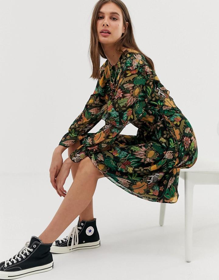 Maison Scotch Leaf Print Ruffle Dress