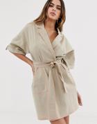Asos Design Casual Wrap Front Mini Dress With Contrast Neon Stitching - Beige
