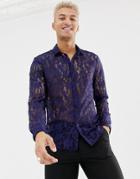 Asos Design Party Slim Fit Lace Shirt In Navy - Navy