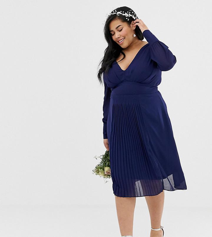 Tfnc Plus Long Sleeve Midi Bridesmaid Dress With Pleated Skirt - Navy
