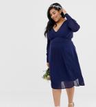 Tfnc Plus Long Sleeve Midi Bridesmaid Dress With Pleated Skirt - Navy