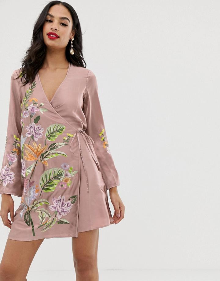 Asos Design Satin Kimono Jacket Mini Dress With Floral Embroidery And Tassle Tie - Pink