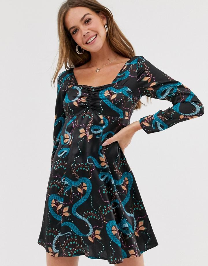 Sacred Hawk Satin Square Neck Dress In Snake Print - Black