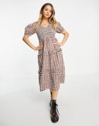 Influence Tiered Midi Dress In Brown Gingham