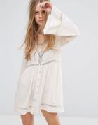 Kiss The Sky Button Front Tea Dress With Ladder Inserts - Cream