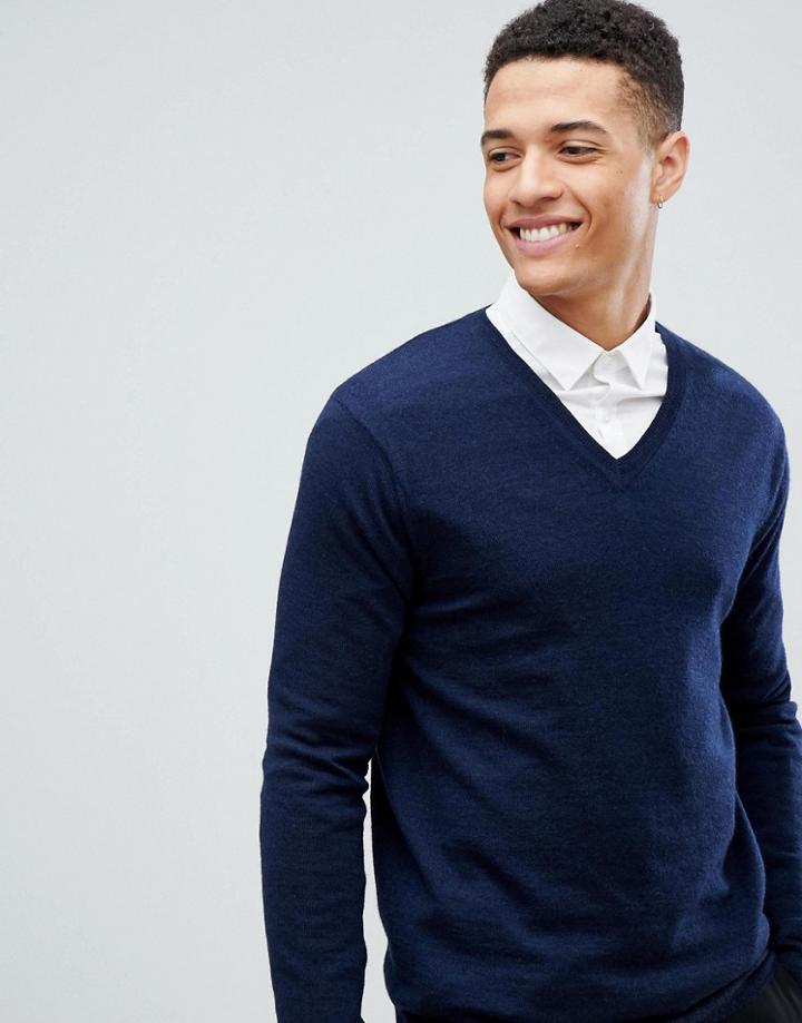 Asos Design Merino Wool V-neck Sweater In Navy - Navy