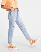 Pull & Bear Mom Jeans With Rips In Light Blue-blues