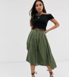 Asos Design Petite Floaty Midi Skirt With Button Front-green