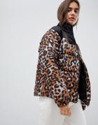 Daisy Street Padded Jacket With Ring Pull In Leopard Print - Brown