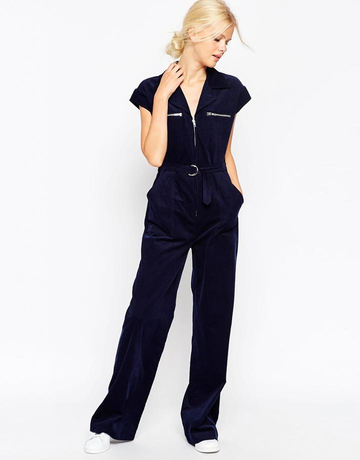 Asos Cord Wide Leg Belted Jumpsuit - Navy