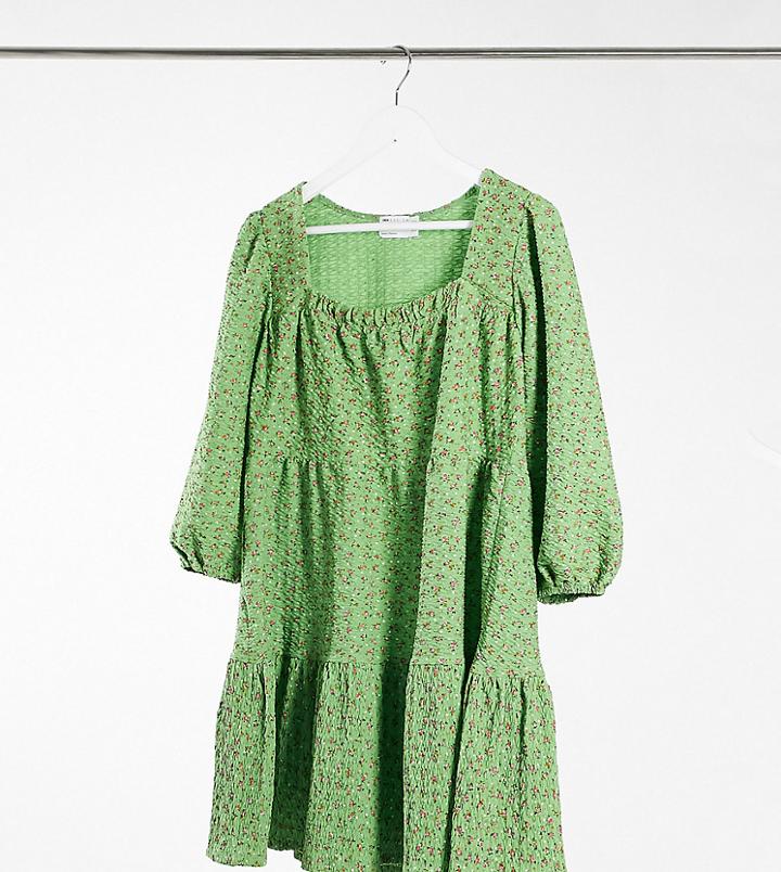 Asos Design Tall Square Neck Mini Smock Dress With Tiers In Green Floral Print