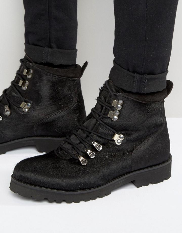 Asos Hiker Boots In Black Faux Pony Hair - Black