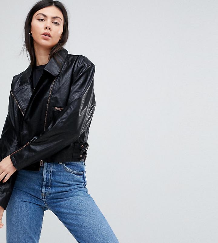 Asos Tall Cropped Leather Look 80's Biker Jacket - Black