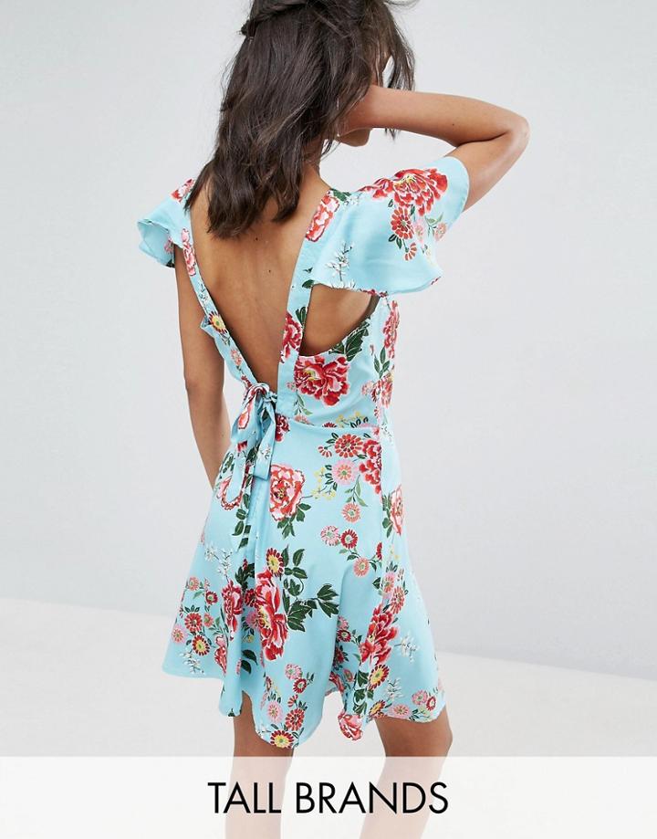 Influence Tall Tie Back Flutter Sleeve Floral Tea Dress - Blue