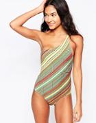 Pistol Panties Carrrie Asymetrical Swimsuit In Textured Zig Zag Print - Multi