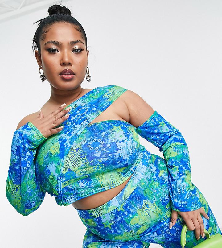 Daisy Street Plus Asymmetric Long Sleeve Off-shoulder Crop Top In Mixed Blue Print - Part Of A Set