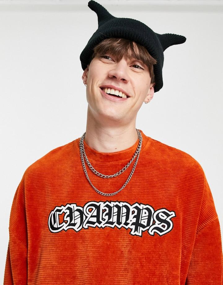 Asos Design Oversized Long Sleeve T-shirt In Burnt Orange Skinny Rib Velour With Print