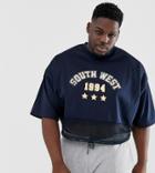Asos Design Plus Oversized Crop T-shirt With City Print And Mesh Insert In Polytricot - Navy