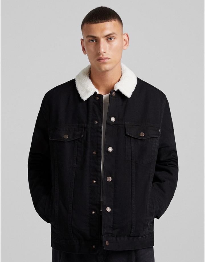 Bershka Denim Trucker Jacket With Sherpa Collar In Black