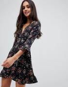 Influence Floral And Star Print Ruffle Detail Wrap Dress - Black