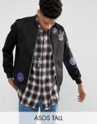 Asos Tall Cotton Bomber Jacket With Badges In Black - Black