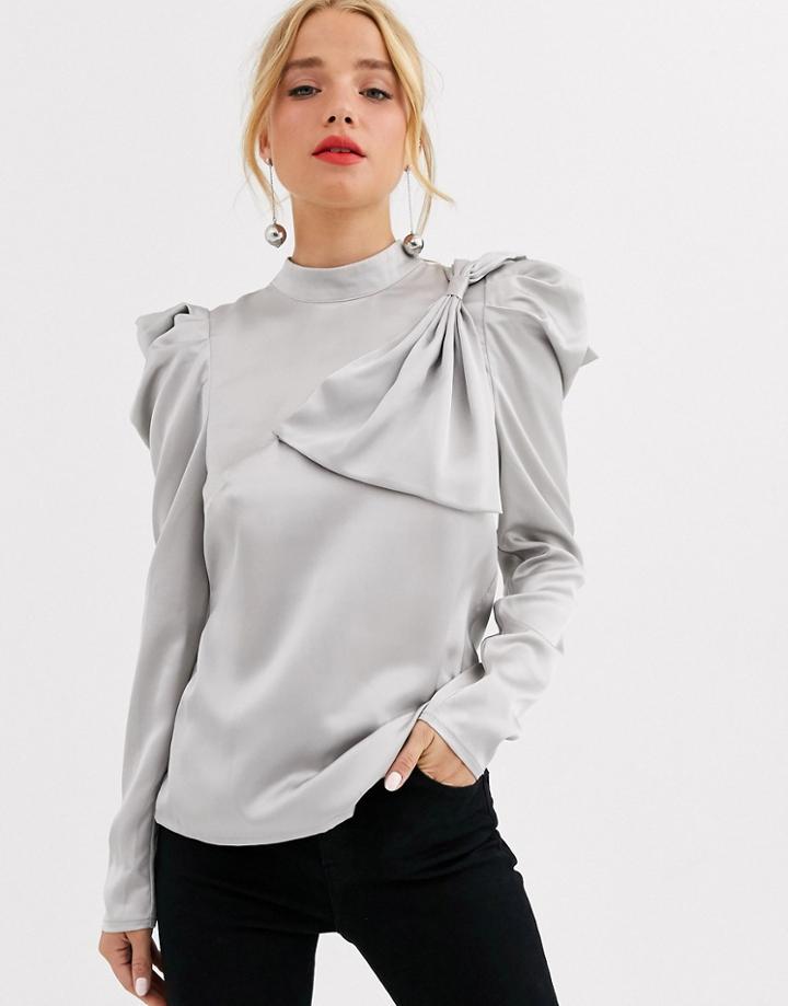 Little Mistress Satin Top With Statement Shoulders And Bow Detail In Gray