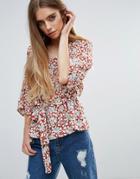 First & I Kimono Sleeve Waisted Printed Top - Multi