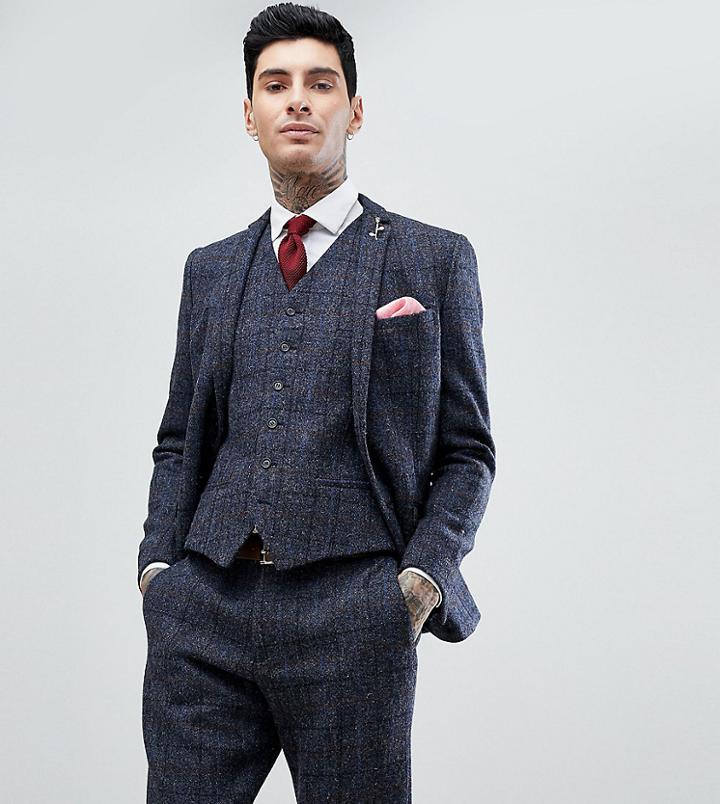 Heart & Dagger Slim Suit Jacket In Harris Tweed In Check-navy