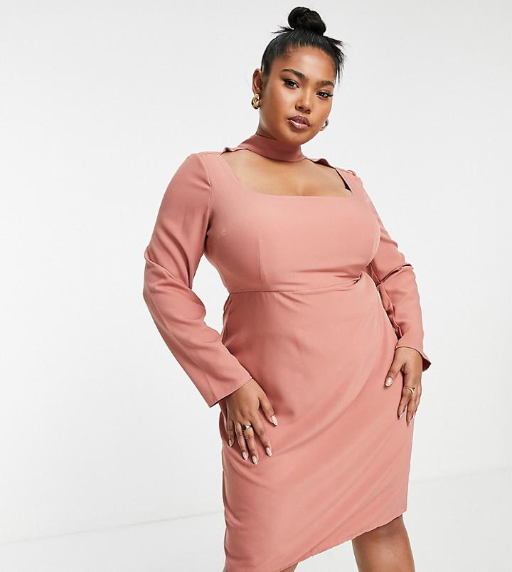 Vesper Plus Long Sleeve Square Neck Midi Dress In Soft Mauve-pink
