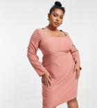 Vesper Plus Long Sleeve Square Neck Midi Dress In Soft Mauve-pink