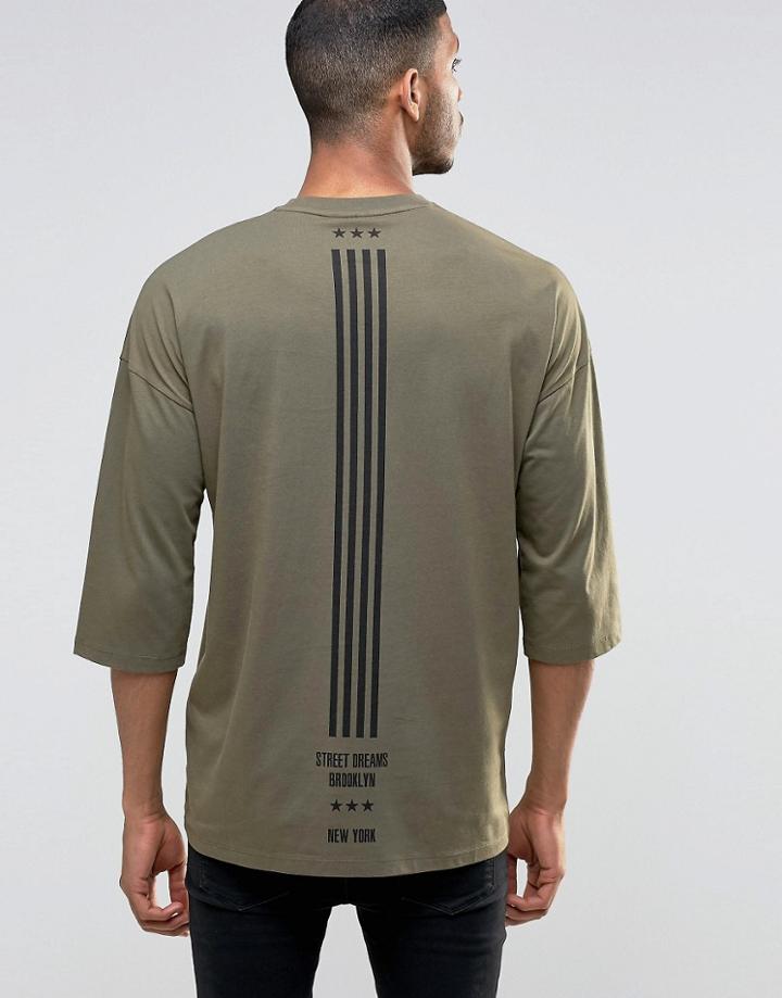 Asos Oversized 3/4 Sleeve T-shirt With Flag Back Print - Green