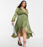 Flounce London Plus Long Sleeve Wrap Maxi Dress In Khaki-green