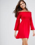 Asos Shirred Bardot Mini Dress With Trumpet Sleeve - Red