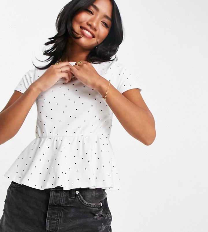 Asos Design Petite Fitted Peplum Top With Short Sleeve In Spot-white
