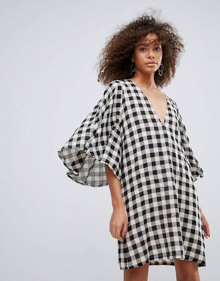 Traffic People Gingham Kimono Sleeve Shift Dress - Black