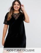 Asos Curve Velvet Shift Dress With Lace Trim - Black