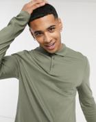 Asos Design Organic Long Sleeve Polo In Khaki-green