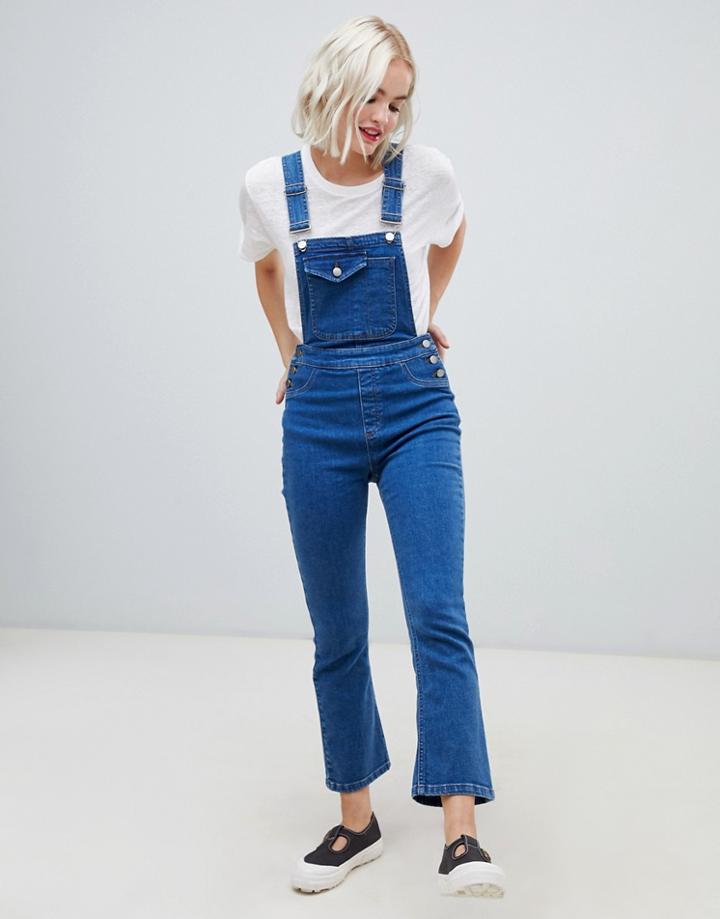 Asos Design Denim Overall With Kickflare In Midwash Blue