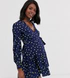 Influence Maternity Wrap Front Mini Dress In Green Spot - Navy